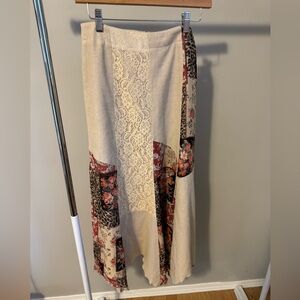 Vintage Trachten- mad`l  Boho Linen, Floral + Lace Patchwork Maxi Skirt